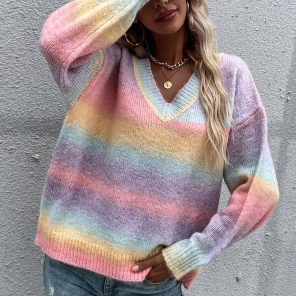 Cozy Color Block Oversized V neck Knit Sweater - Picture 8 of 14